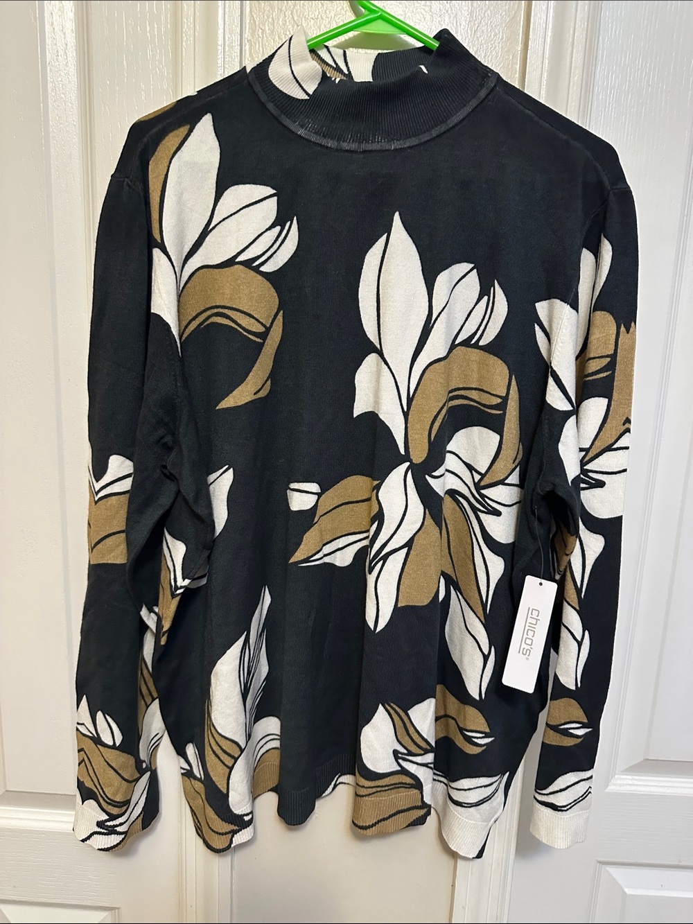 Chico's Black Sweater with White and Tan Floral Turtleneck